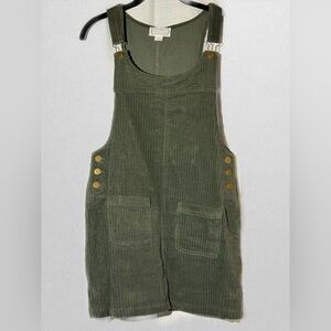 Olive Green Corduroy Overall Dress Brass Hardware Small